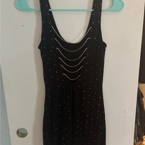 black bodycon mini dress with cascading crystal detail open back